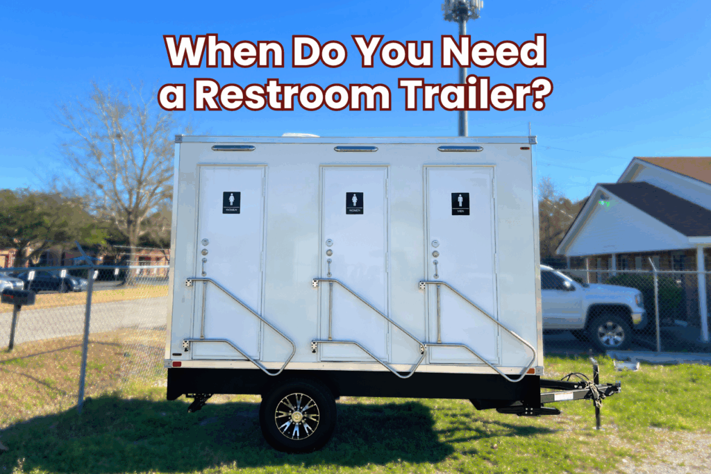 Luxury restroom trailer rental parked in Charleston, SC under clear blue skies — High Cotton Comfort Co provides restroom trailers for Lowcountry events.