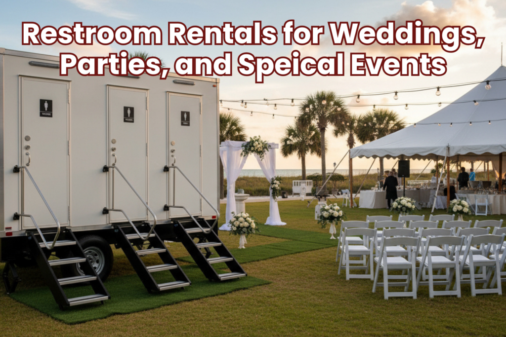 Luxury restroom trailer setup at an outdoor wedding in Charleston, SC with white chairs, floral arrangements, and an oceanfront tent reception.