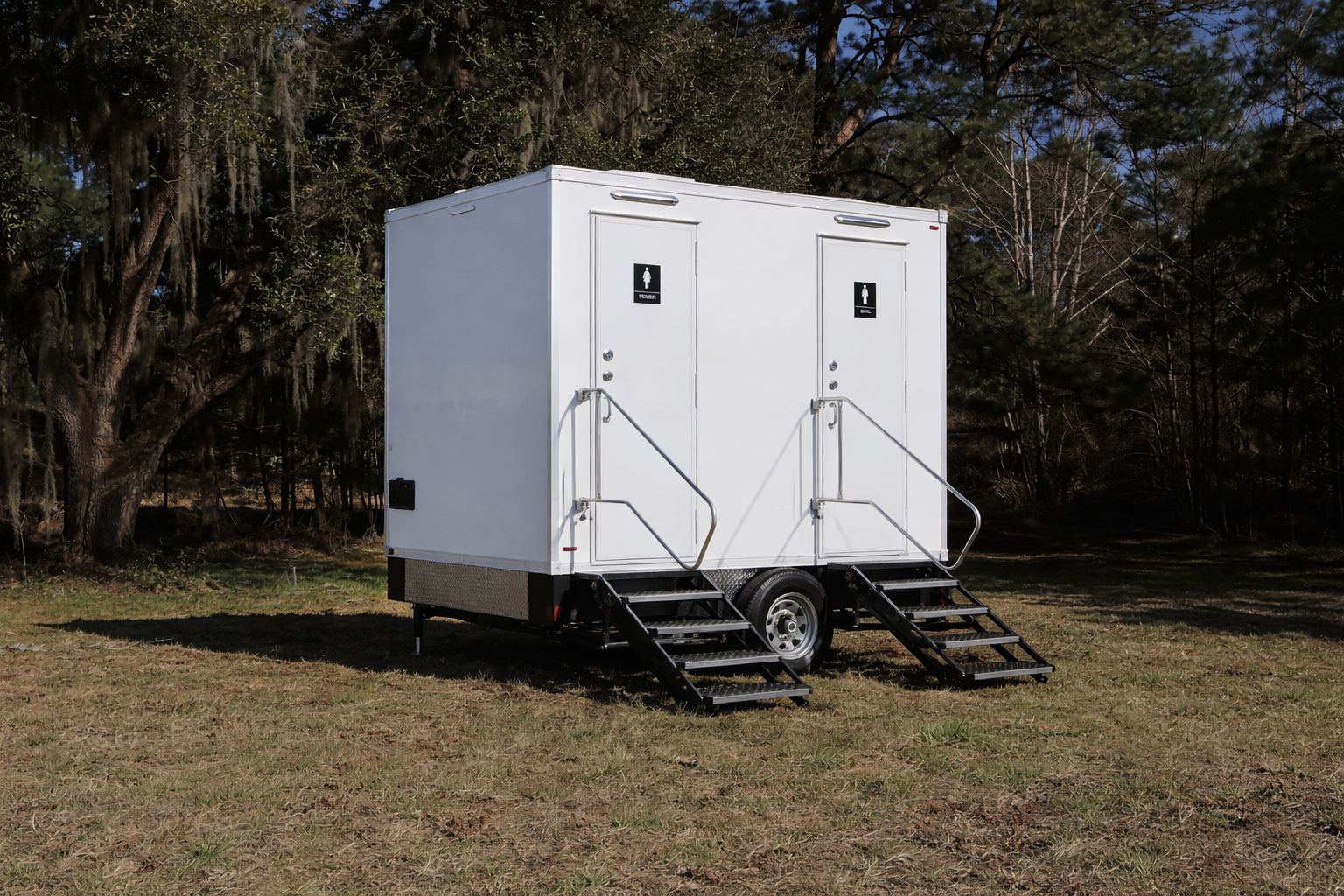 2-stall luxury restroom trailer rental in Charleston, SC – High Cotton Comfort Co