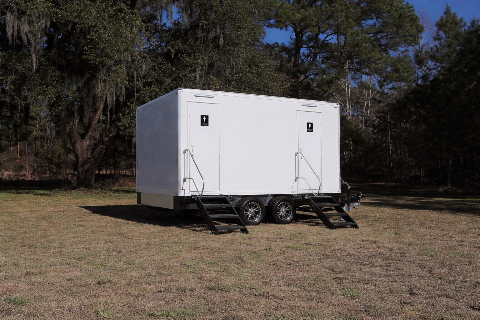 Luxury 5-stall restroom trailer rentals in Charleston, SC. Perfect for large events up to 350 guests. Full-service delivery by High Cotton Comfort Co.