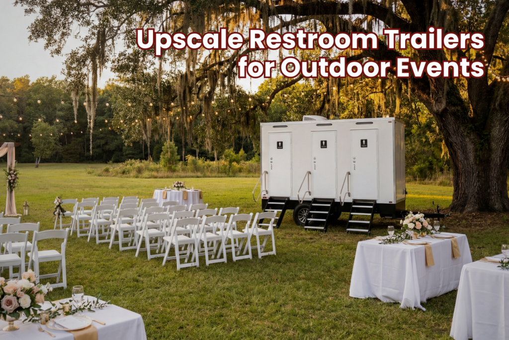 Interior of a High Cotton upscale restroom trailer with granite countertops and premium finishes at a Charleston outdoor event