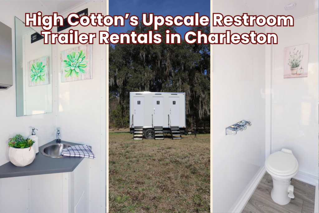 Upscale restroom trailer rental Charleston set up at an outdoor wedding venue with elegant surroundings