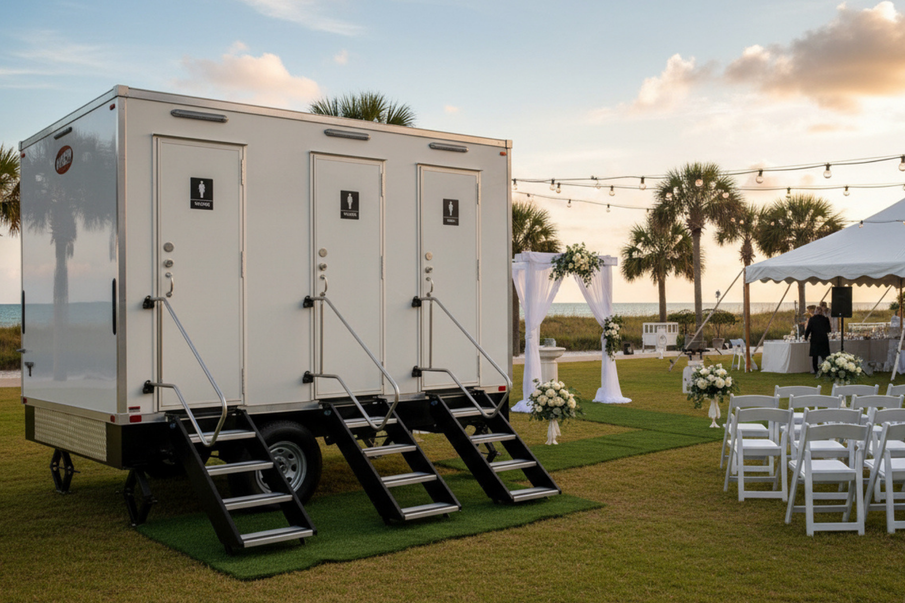Luxury restroom trailer at an outdoor Charleston wedding venue with white event tent, ceremony seating, and coastal sunset backdrop showcasing upscale event restroom rental by High Cotton Comfort Co