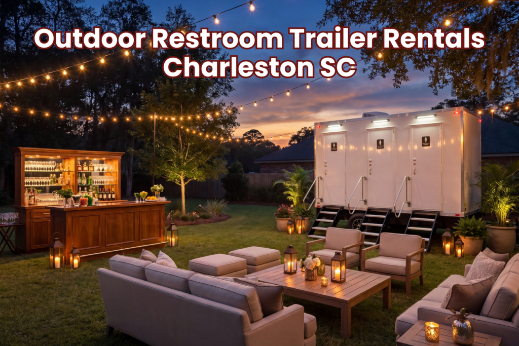 Luxury outdoor restroom trailer rental setup in Charleston, SC backyard event with string lights, lounge seating, and bar area at sunset.