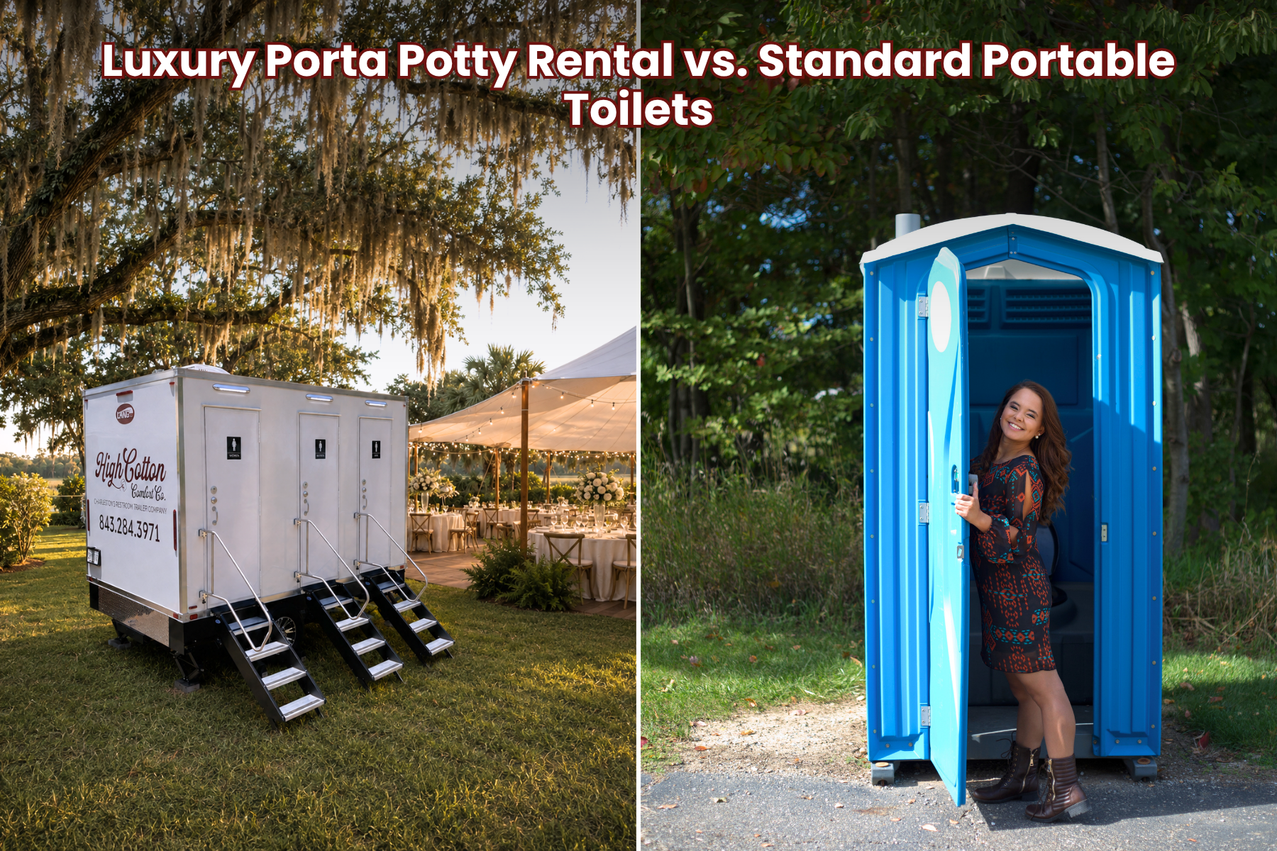Side-by-side comparison of a luxury porta potty rental restroom trailer at an outdoor Charleston wedding reception next to a standard blue portable toilet at an outdoor event