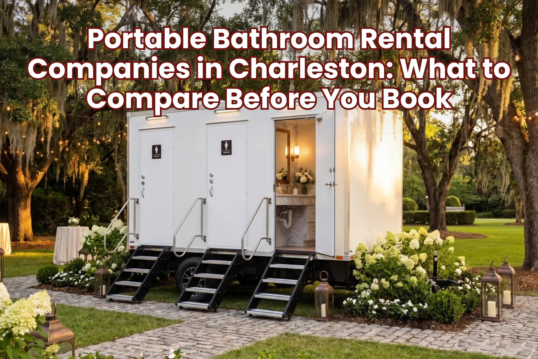 Luxury restroom trailer set up at an outdoor Charleston event beneath live oak trees